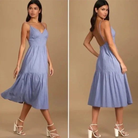 NWT Lulus Happy Times Denim Blue Tiered Midi Dress size small - Picture 1 of 6